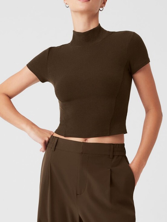 ALO Yoga Tops - ALO Wellness Rib Mock Neck Polished Short Sleeve Espresso NWT